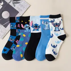 5Pairs Stitch Cotton Socks Sanrio New Girls Breathable Cartoon Cute Mid-calf Sock Combed Cotton Women's Boat Socks Average Size