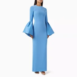 Customized Elegant O Neck Jersey Evening Dresses Long Sleeves Party Dress Sheath Slit Back Prom Dress Formal Wedding Guest Gala
