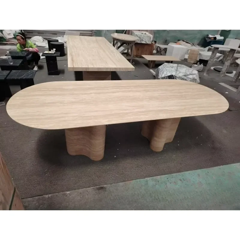 SH STONE Customized Design Oval Furniture Natural Stone Beige Travertine Large Marble Dining Tables