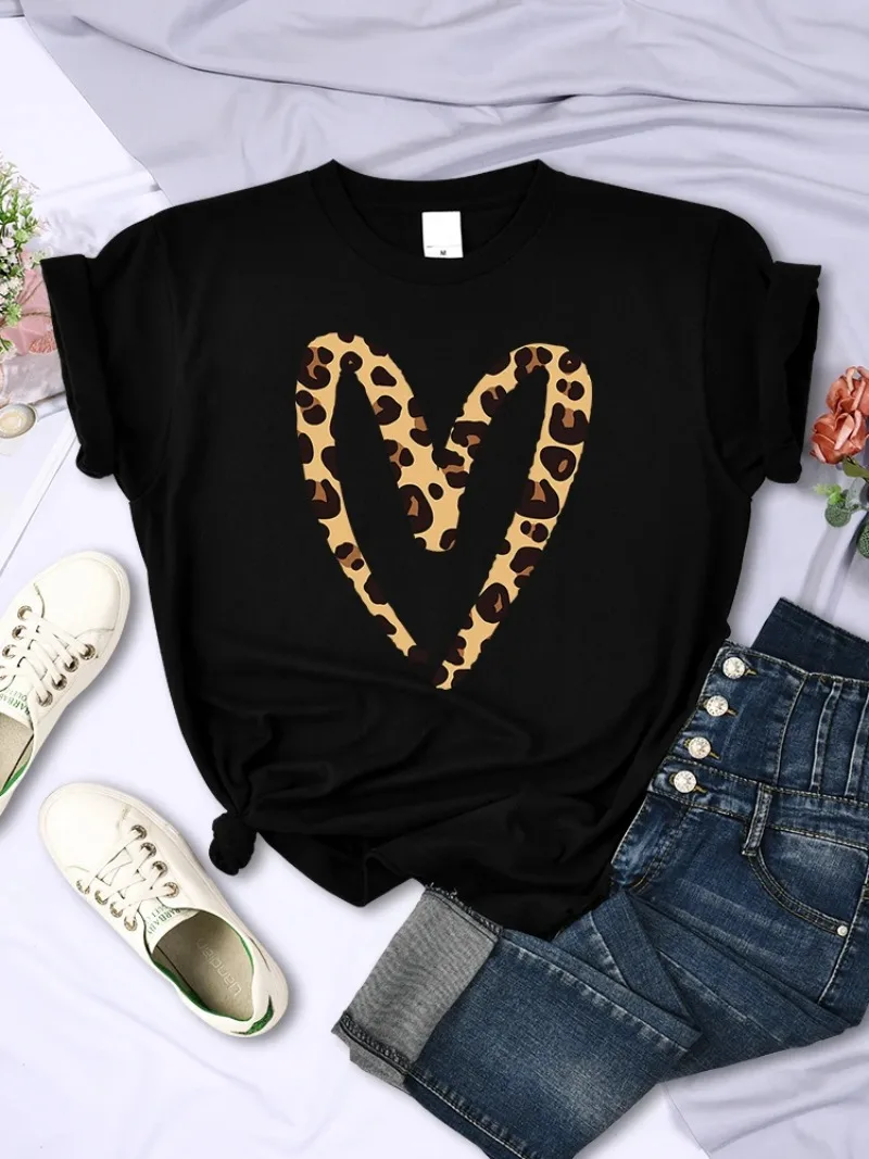 Hollow OutWomen Fashion Casual T Shirt Street Sport Soft Tee Shirt Breathable Street T Shirt Woman  Leopard Print Love Tshirt