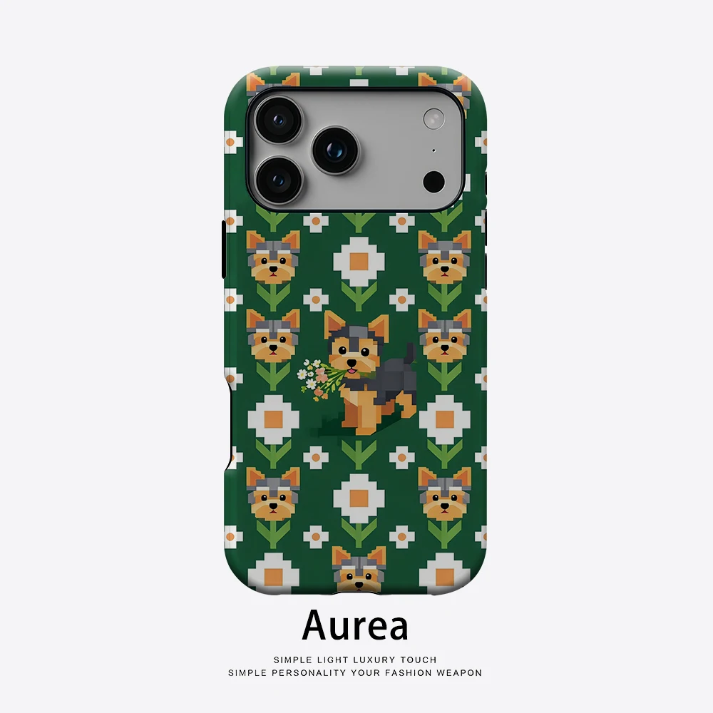 Aurea Case Matte Bumper für MagSafe Hülle für iPhone 18 17 16 15 14 Plus 13 Pro Max Stoßfeste Harte PC Pixel Yorkie Blumen Schutzhülle