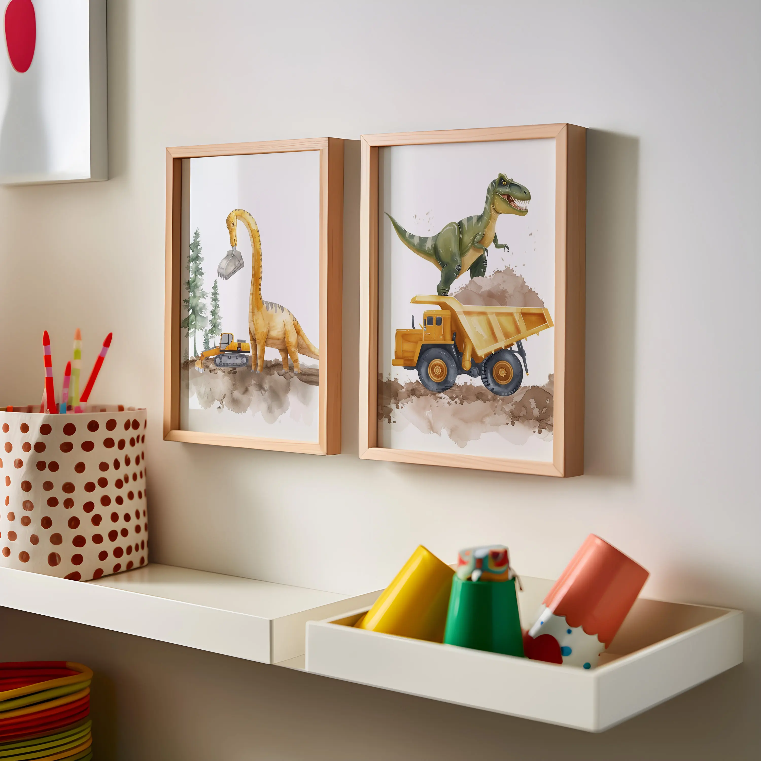 3pcs frameless Canvas Painting 3pcs Fun Dinosaur Demolition Truck Art Posters: Minimalist Animal-Themed Canvas Art for Home, Kid