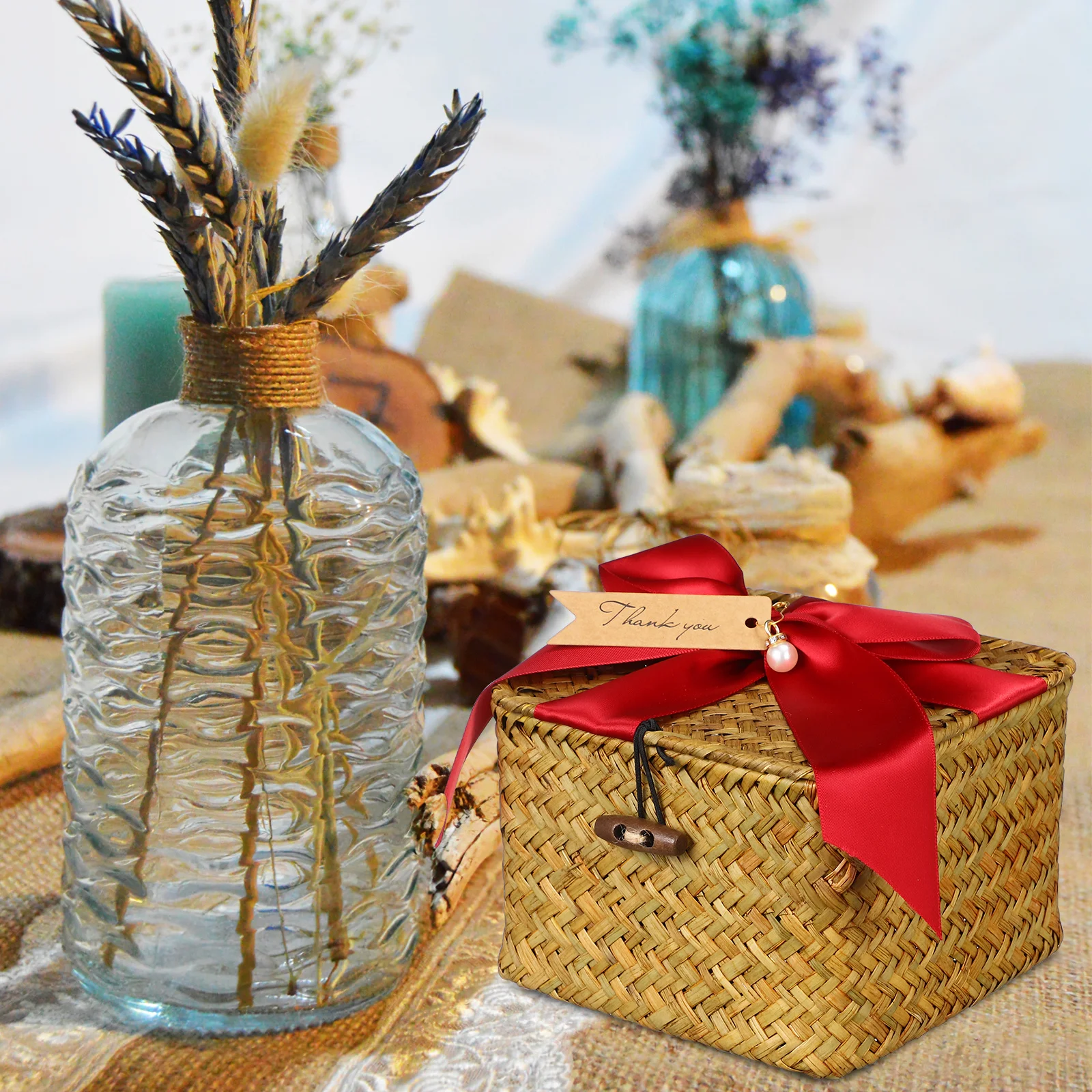 

Rattan Storage Basket Ribbon Geometric Design Lid Dustproof Laundry Makeup Organizer Living Room Bathroom Kitchen Woven Basket