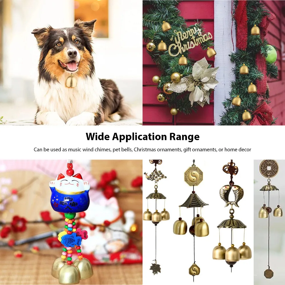 18PCS Festive Vintage Golden Hanging Bells With Hanging Rope Metal Wind Chimes Round Shape Bells Outdoor Garden