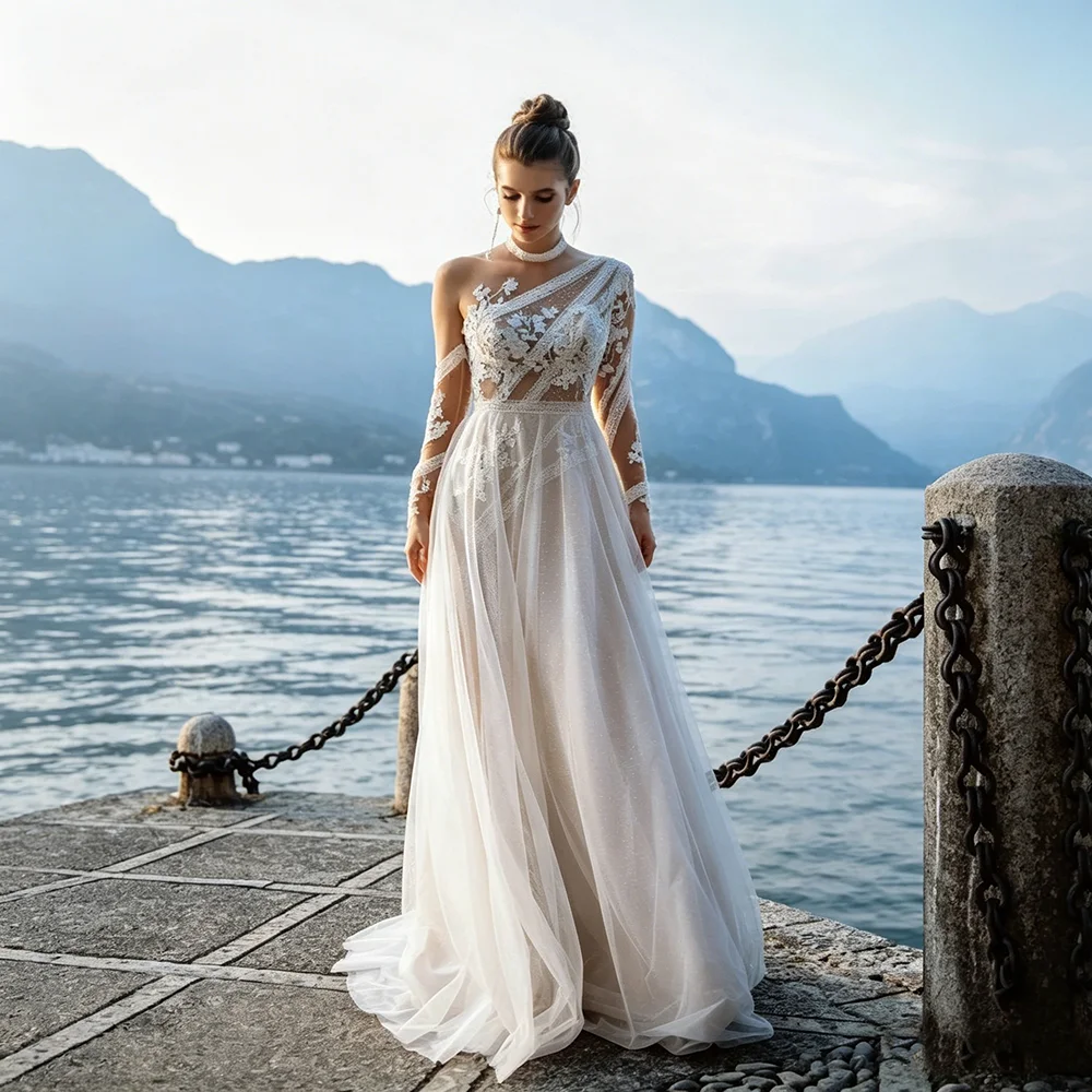 One Shoulder Long Sleeve Lace Applique Wedding Dress Illusion Back A Line Tulle Bridal Gown Train Wedding Party Robe De Mariee