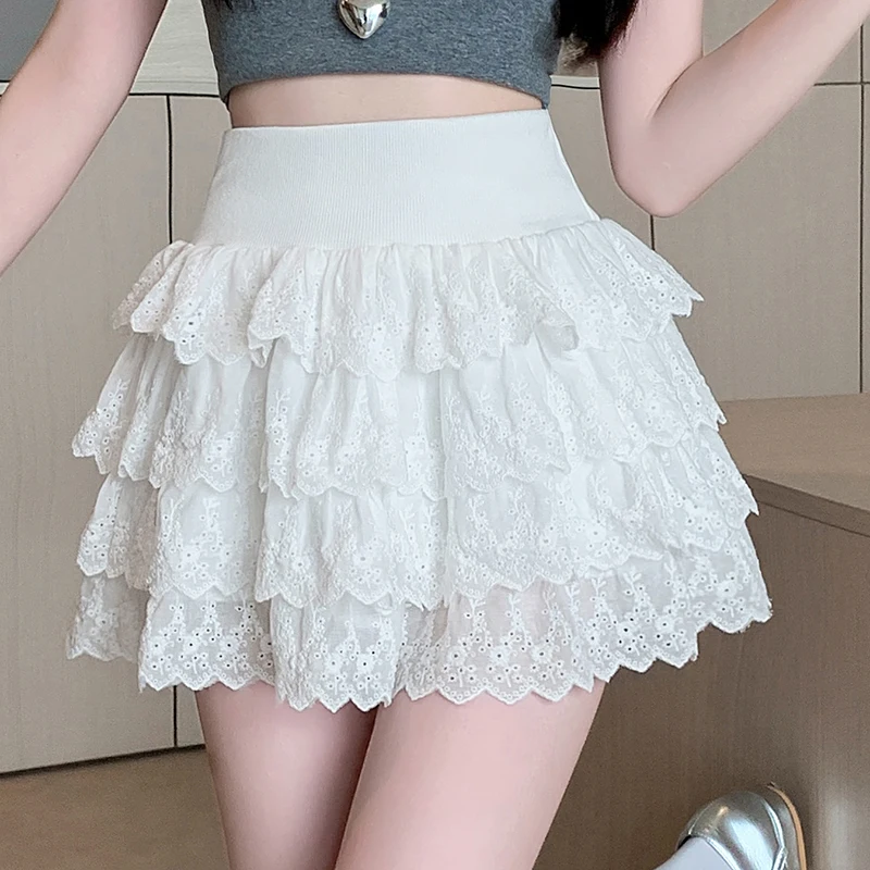 2025 New Summer Women High Waist Slim Mini Skirt Shorts High Quality Sweet Floral Embroidery Cake Hem Avoid Exposure Short Skirt