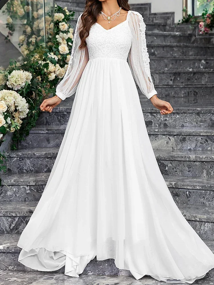 Classic Wedding Dresses White Bride Dress Long Sleeve Square Collar Simple Backless with Bow Bride Gown Country Wedding Dress