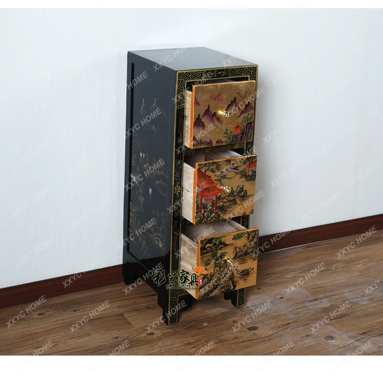 Living room sofa side cabinet pine retro painted three-bucket cabinet storage decorative cabinet