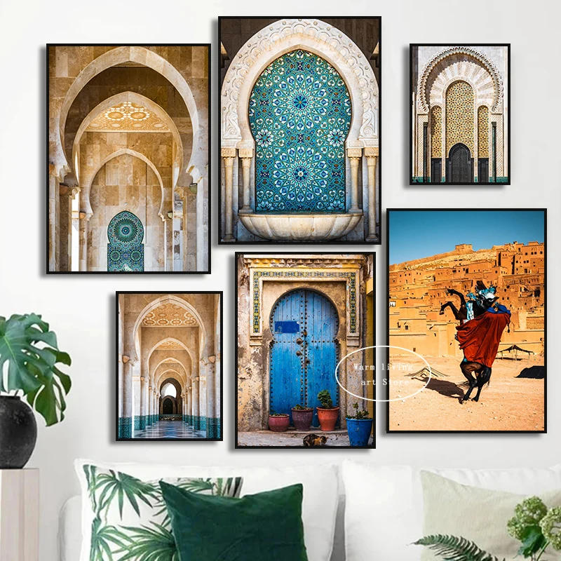 Nordic Morocco Door Blue Door World Famous Architecture Camel Desert Posters Art Pictures Print Room Canvas Painting Home Decor