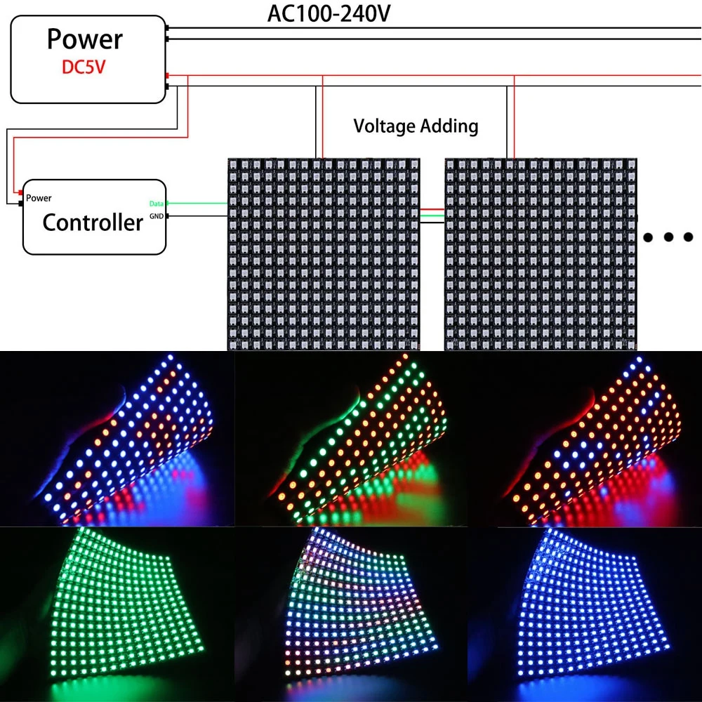 WS2812B Digital Flexible Led Panel Strip Light IndividuaIly Addressable WS2812 IC 8X8 16X16 8X32 Module Matrix Screen DC5V