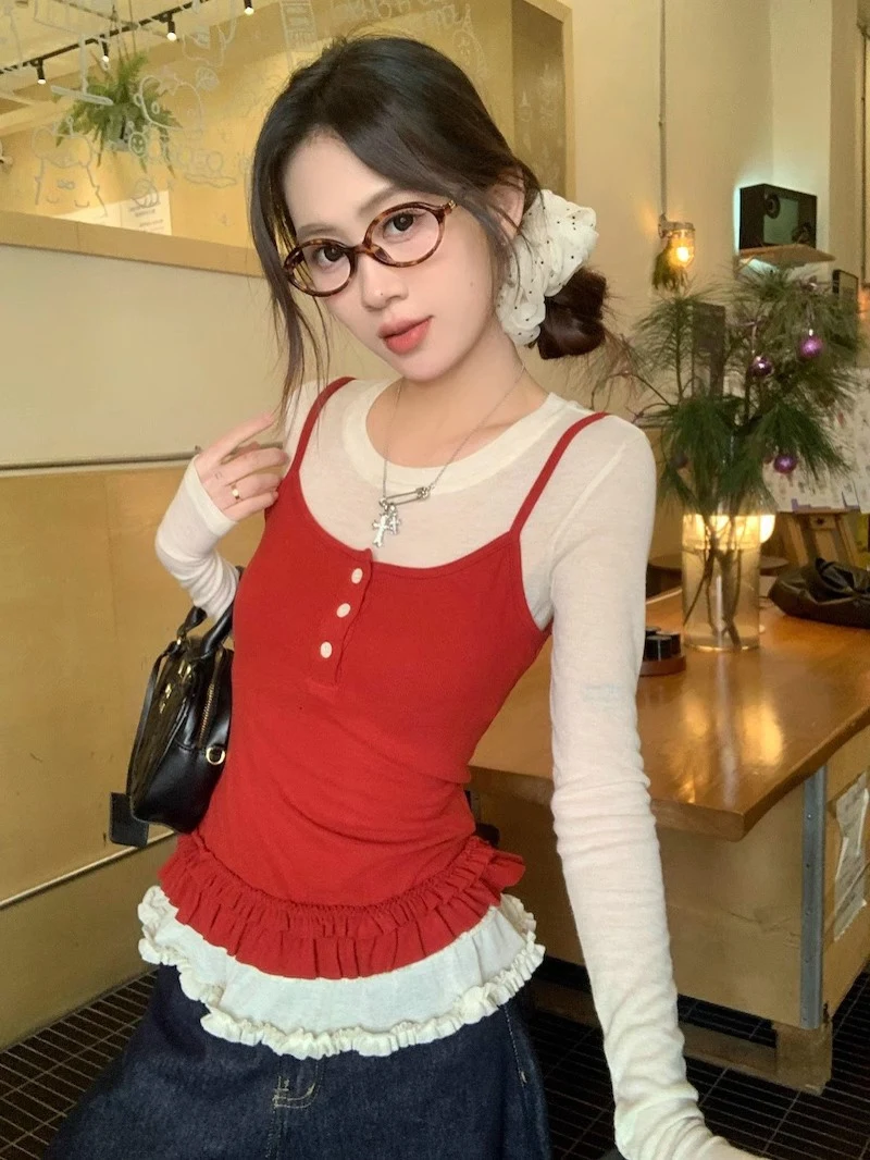 

Korean Style Long Sleeve Ruffle Halter Top And Vest Set Red Spring Fashion Outfit for Young Women Polyester Fiber round Neck