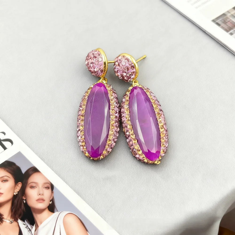 Vintage Purple Natural Malay Jade Jewelry Set For Women Inlaid Rhinestone Oval Large Crystal Necklace Earring Lady Wedding Party
