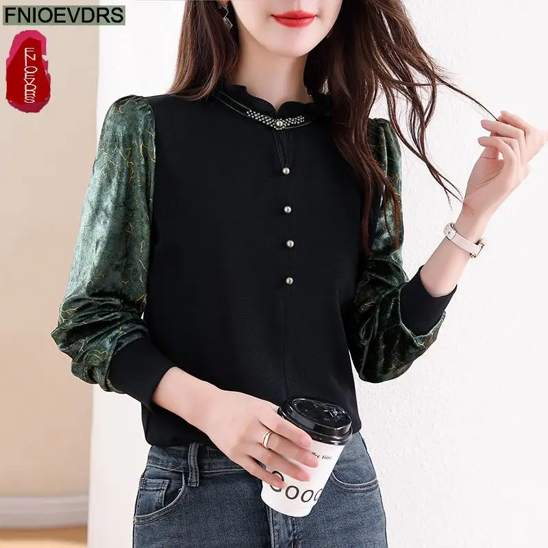 Camisas de oficina ropa básica nuevo diseño mujeres 2024 Otoño Invierno Patchwork verde manga larga Retro negro terciopelo Tops blusas