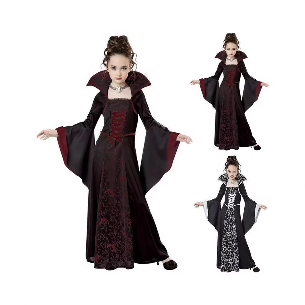 Little Girls Vampire Costume Two‑Color Lace Maxi Dress Halloween Trick Or Treat School Performance Cosplay Outfit