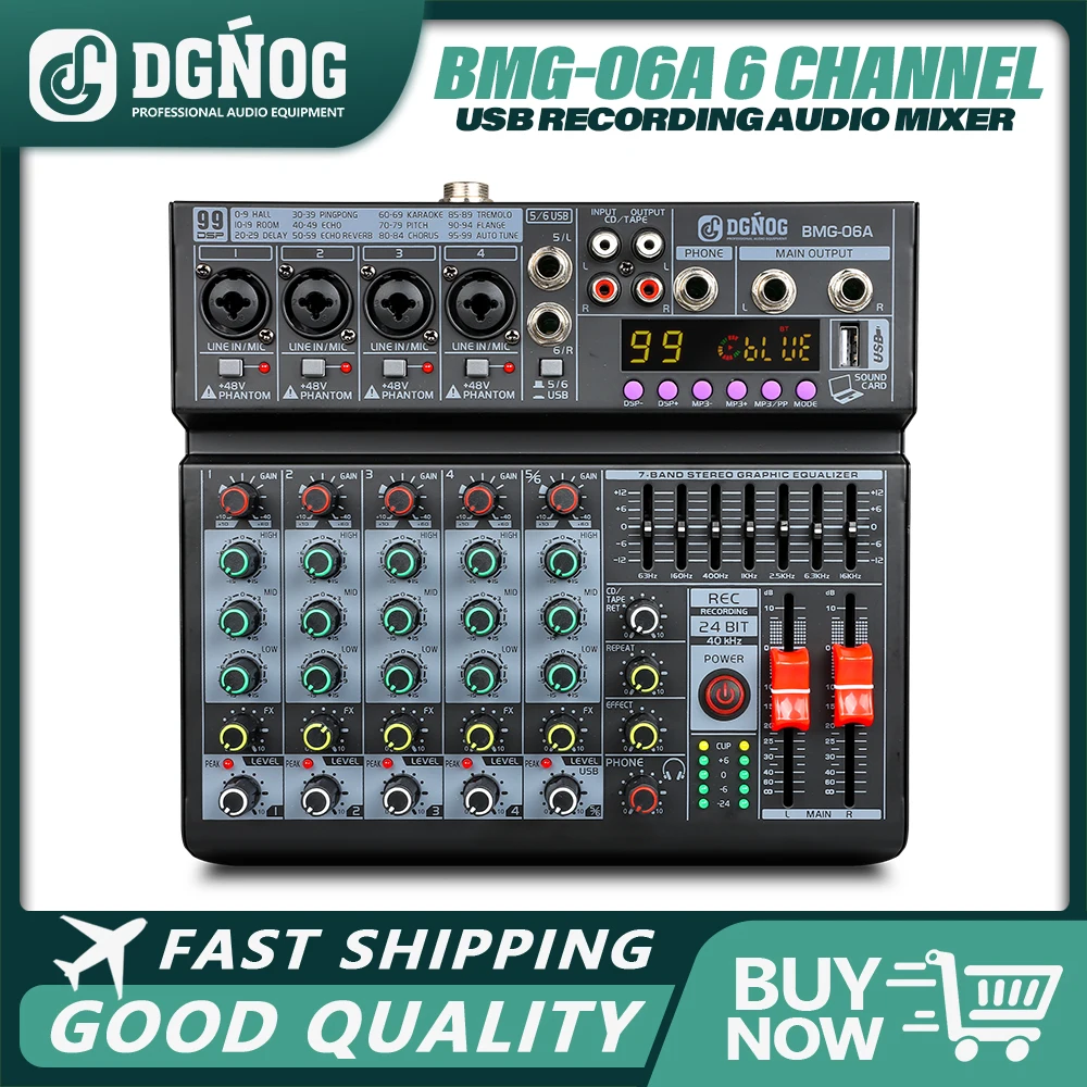 DGNOG Professional Audio Mixer 6 Channel Soundboard Console DJ Mixer Interface Built-in 99 DSP 48V Phantom Power for DJ Stage