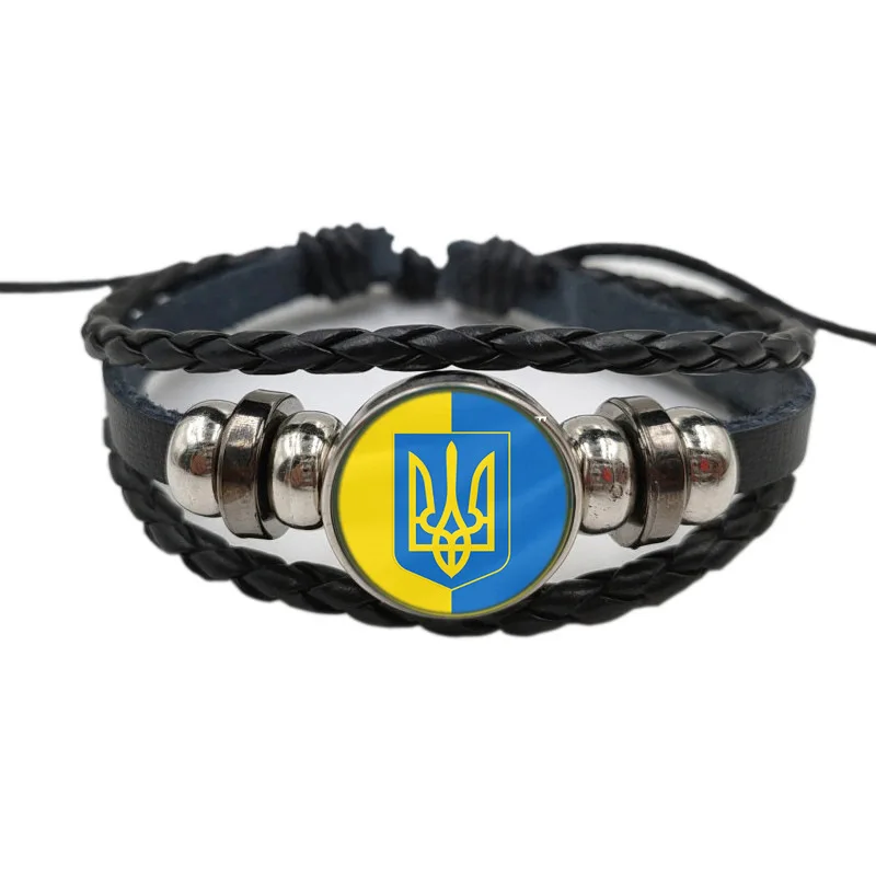 Popular Jewelry Glass Pendant Leather Bracelet Ukrainian Flag Beaded Leather Bracelet Unisex Gifts