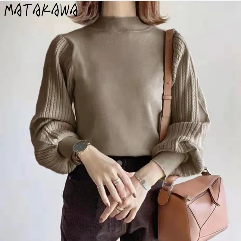 Matakawa Japan Style Women Sweaters Pleated Solid Office Lady All Match Pull Femme Hiver Autumn Winter Basic Vintage Pullovers