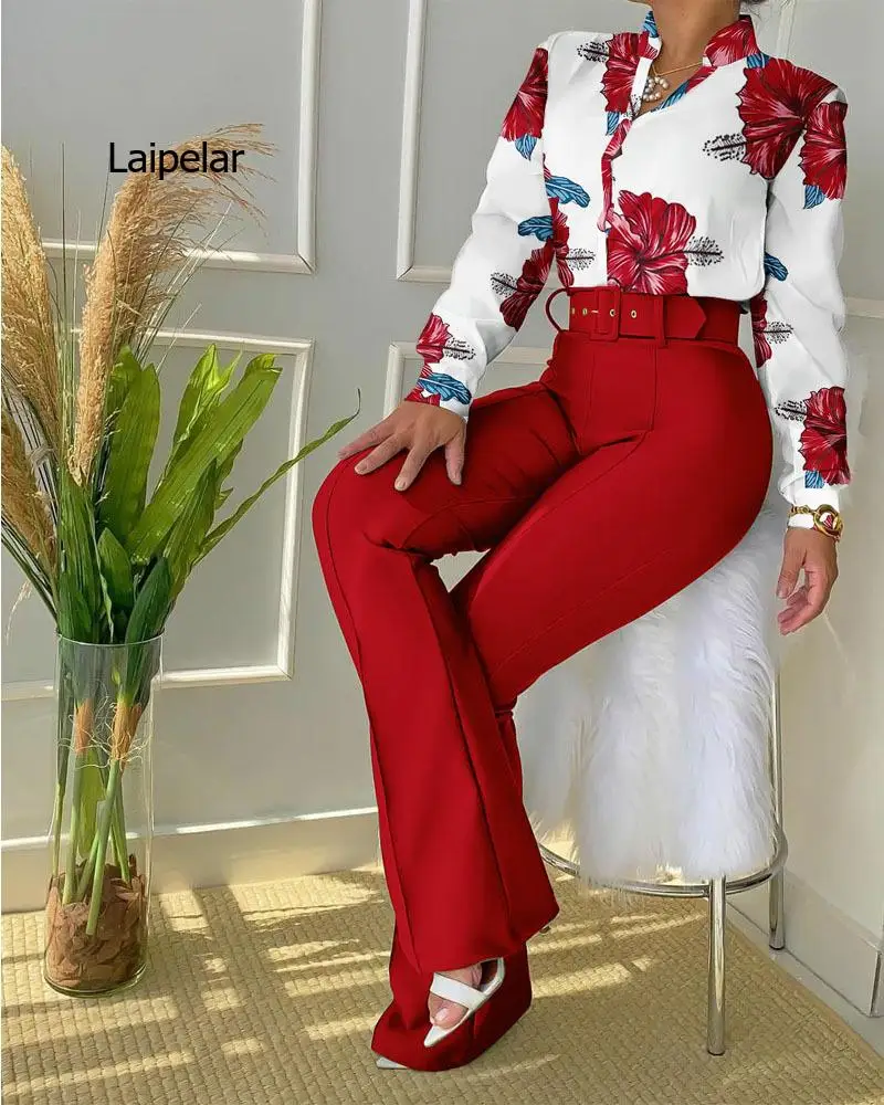 

Women Long Sleeve Flower Print Buttoned Shirt & High Waist Pants Set Women Casual Two Piece Work Wear Fashion Suit Sets