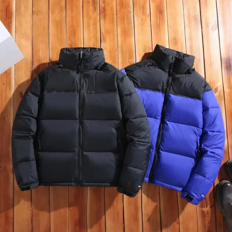 Parkas de marca americana de invierno, abrigos de algodón de colores mezclados para parejas, chaquetas acolchadas cálidas con cuello levantado informal, abrigo de marca superior para hombres