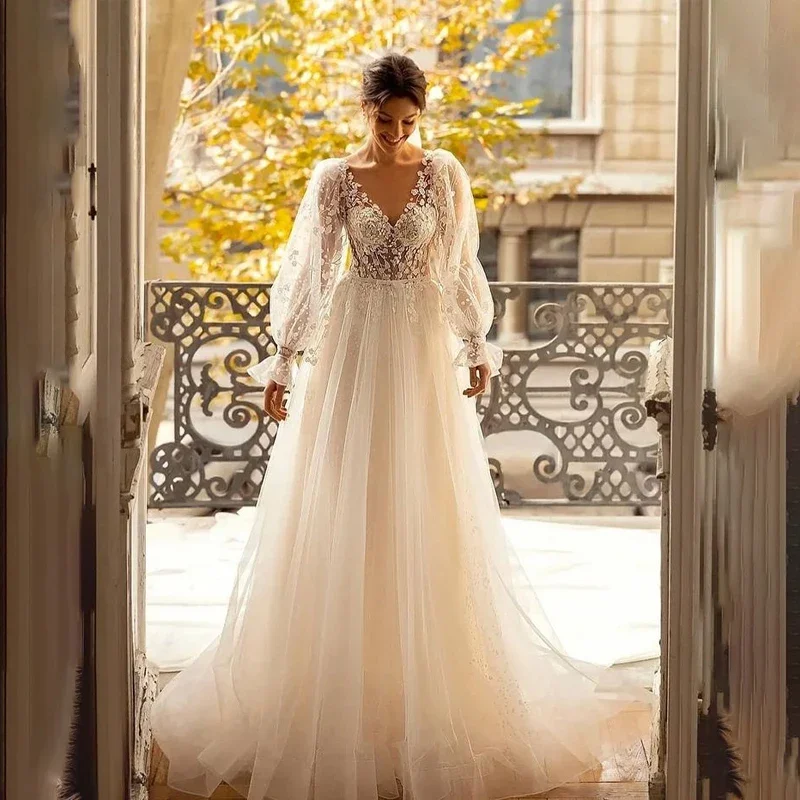 Sheer V-neck with Lace Flowers Applique Long Sleeves Iovry Wedding Dress Tulle xvideos noiva Bridal Dress