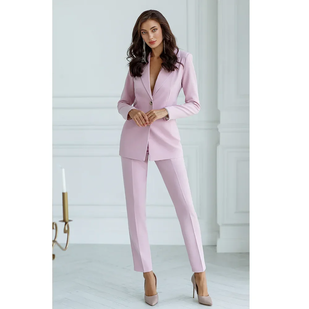 Women Suits Pink 2 Piece Chic Notch Lapel Single Breasted Solid Outfits Elegant Casual Wedding Party Pants Sets (Jacket+Pants)