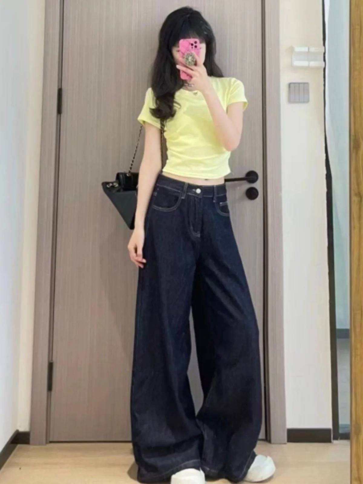 ハイウエストワイドレッグアメリカンレトロルーズジーンズレディース秋スレドレープゆったりルーズ感ストレートレッグパンツ