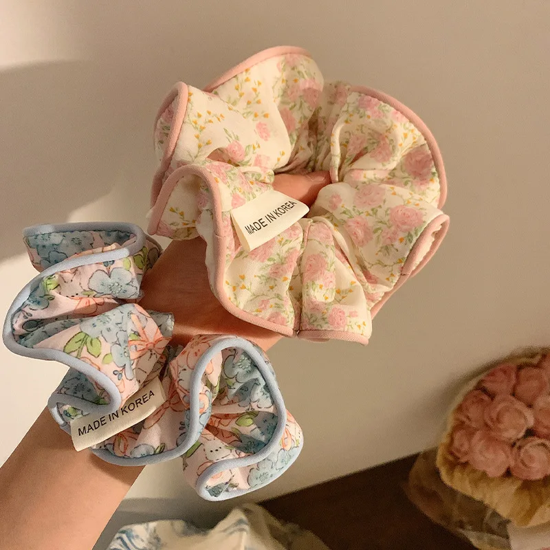 New Fabric Floral Large Scrunchies Cute Pink Blue Elastic Hair Band Elegant Sweet Girls Hair Rope Sunny Ponytail Holder Headband