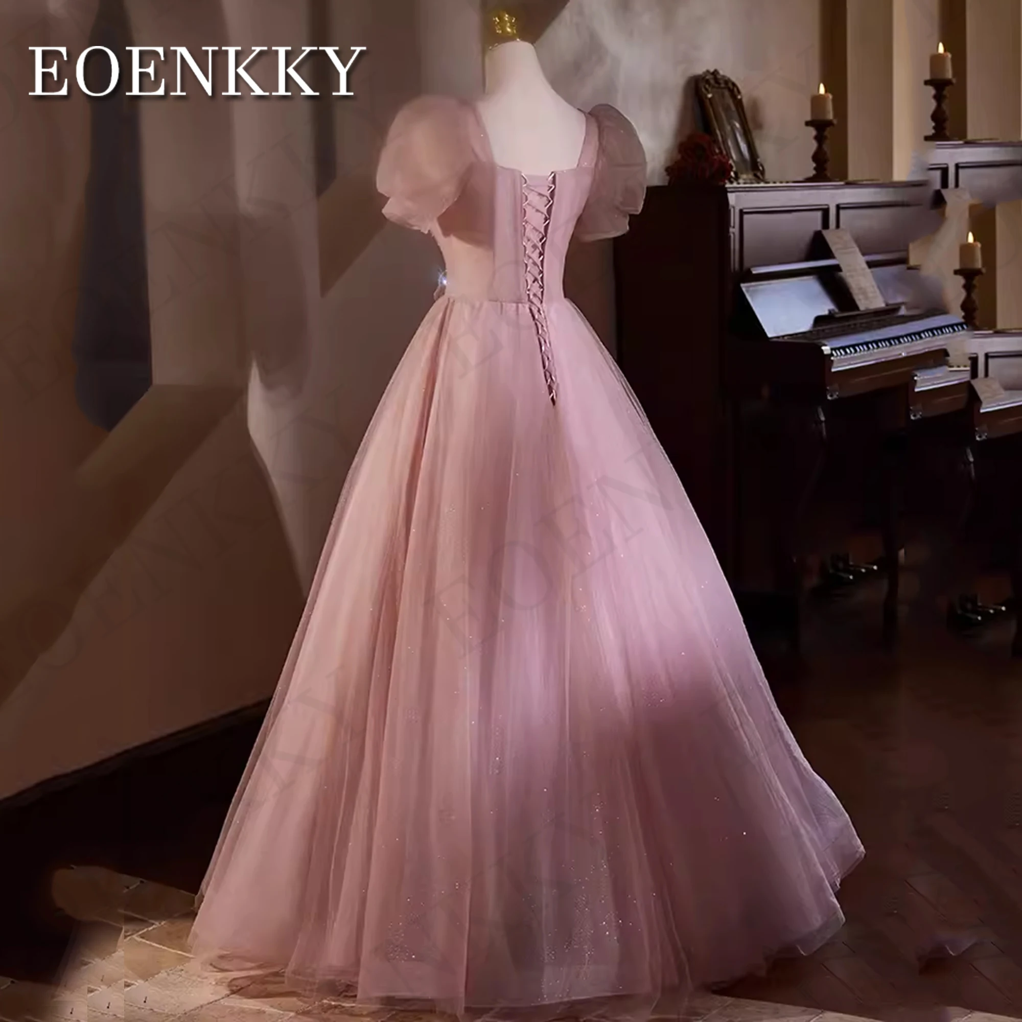 Shiny Princess Prom Dress Pink Puff Sleeve A Line Beading Tulle Sparkly Graduation Dresses Square Neck Women Abito da ballo principessa lucido rosa 