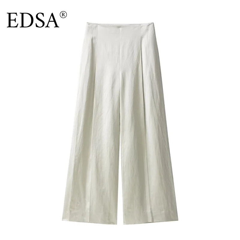 EDSA dames satijnen broek met darts wijde pijpen halfhoge rechte lange broek voor kantoordame