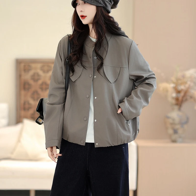 Jaquetas de Moda Primavera 2026 Masss Wasss para Mulheres, Casacos de Couro Sintético Vintage, Estilo Clássico Casual, Soltos e Sólidos