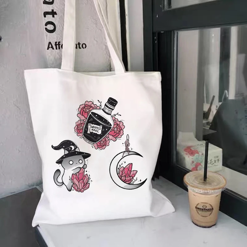 Bolso De Compras reutilizable para mujer, Bolsa De lona con estampado De calavera y gato, De hombro, De dibujos animados