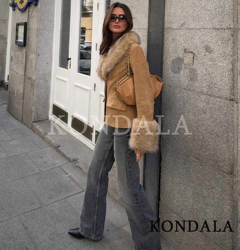 سترة KONDALA بياقة من الفرو للخريف من جلد الغزال سترة نسائية أنيقة بأزرار ضيقة موضة خريف 2025 سترة من الفرو الصناعي للشارع العالي #3