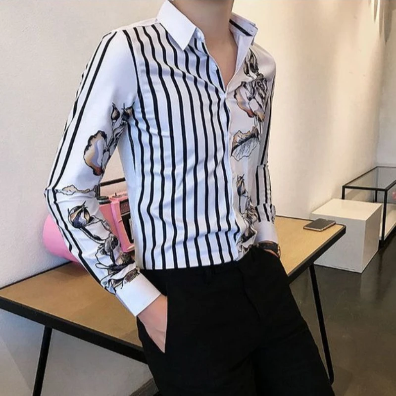 

2026 Men Korean Style Trendy Long Sleeve Floral Shirt Slim Fit Printed Fashionable Casual Top for Young