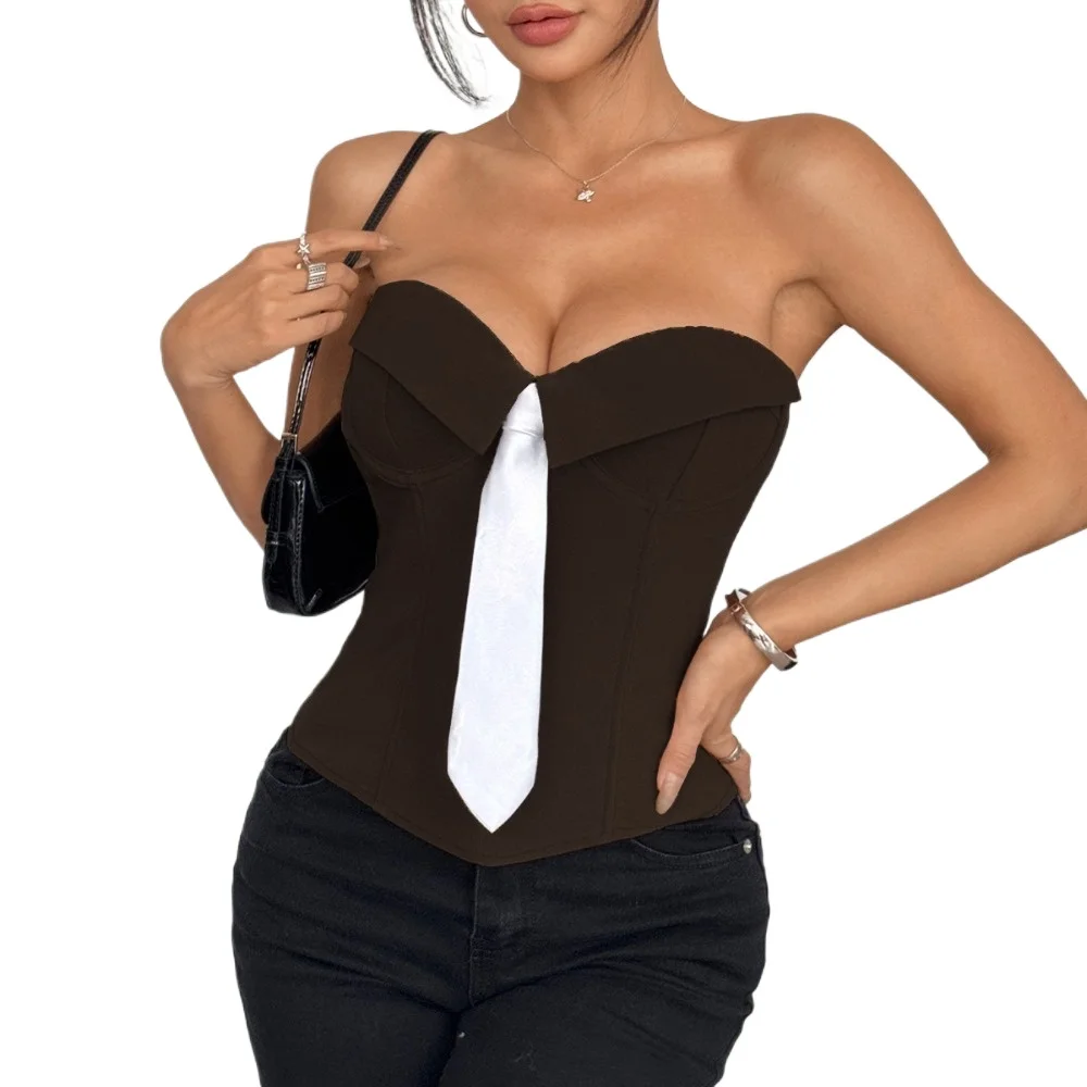 Fashion Vintage Tie Style Strapless Off-shoulder Backless Sexy Contrast Tank Tops Commuting High Street Leisure Outfits Top