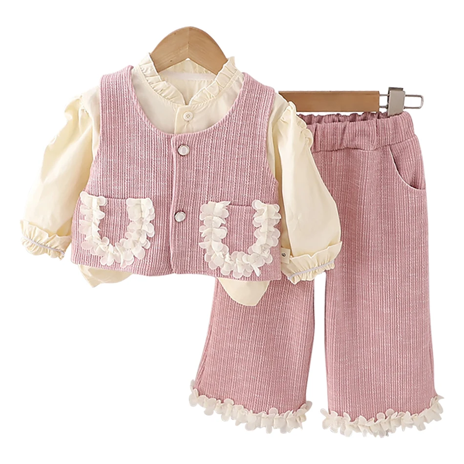 

Adorable Little Girls Three Piece Children Sets with Floral Lace Edge Decoration and Featuring Double Pockets for Stylish Autumn