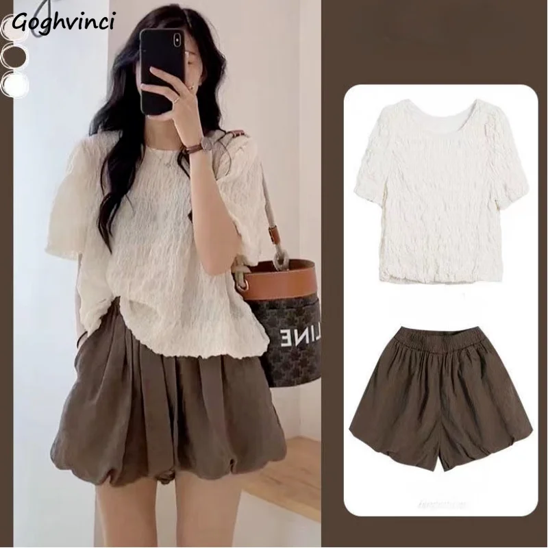 

2 Pcs Sets Women Folds T-shirt Loose Shorts Korean Style Simple Summer Sweet Casual Fashion Ulzzang College Temperament Classic