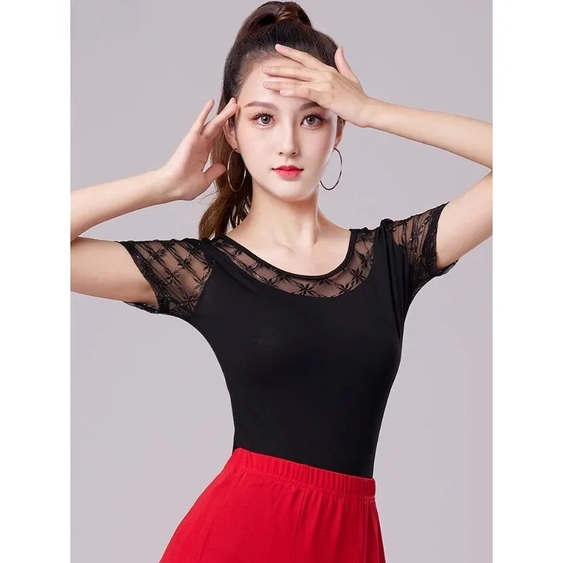 Latin Dance Tops Women 2025 Spring Summer New Mesh Round Neck Samba Practice Costumes Modern Dancewear Female Training Tops