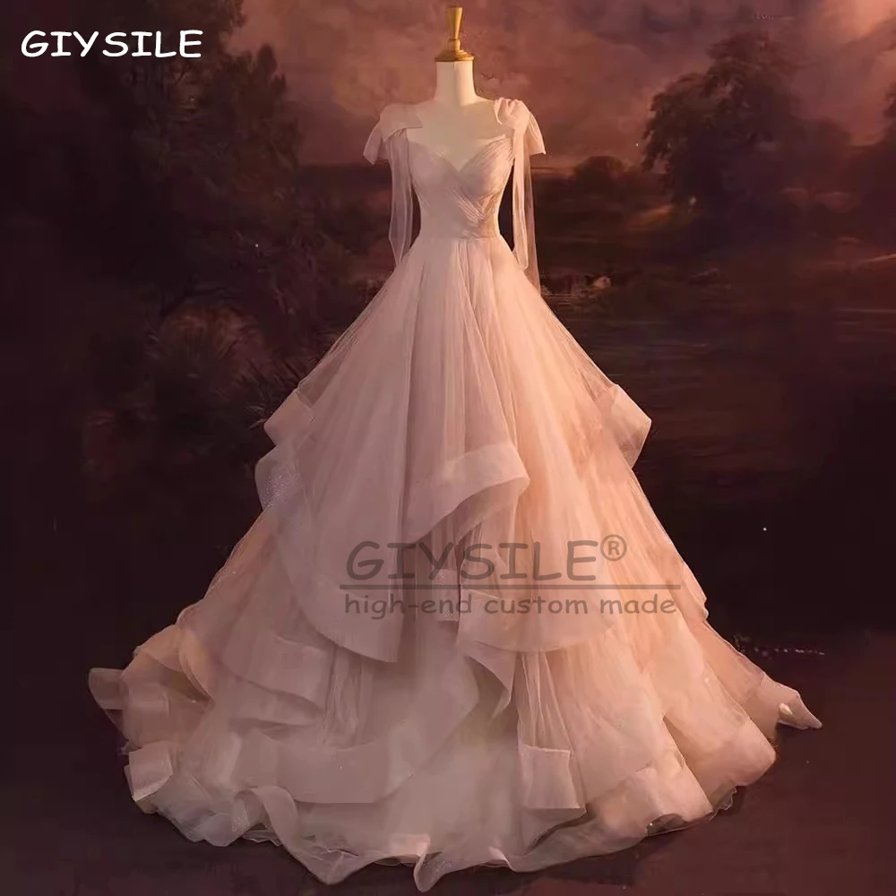 

GIYSILE Customized Layered Ruffles Tulle Ball Gowns Spaghetti Straps Prom Dress Long V Neck Bow Shoulder Strap Princess Dresses