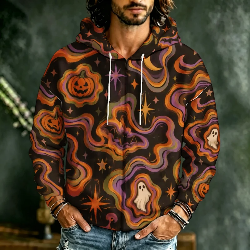 Vintage Trippy Halloween Full Print Zip Hoodie Pumpkin Ghost Bat Pattern Long Sleeve Loose Festival Sweatshirt Oversized Autumn