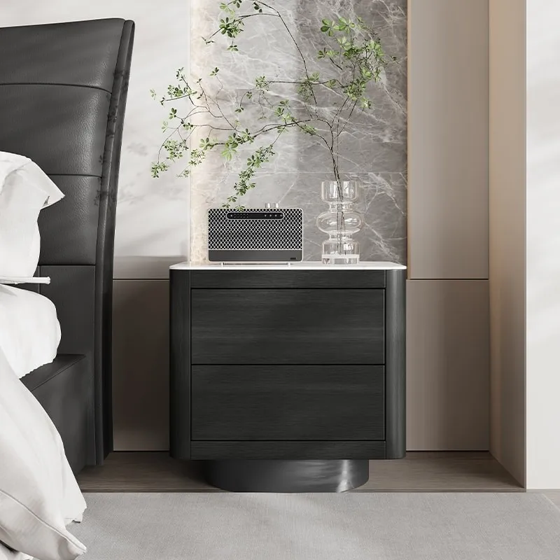 Italian minimalist rock slab solid wood bedside table smoked color bedside table light luxury Nordic bedroom locker designer