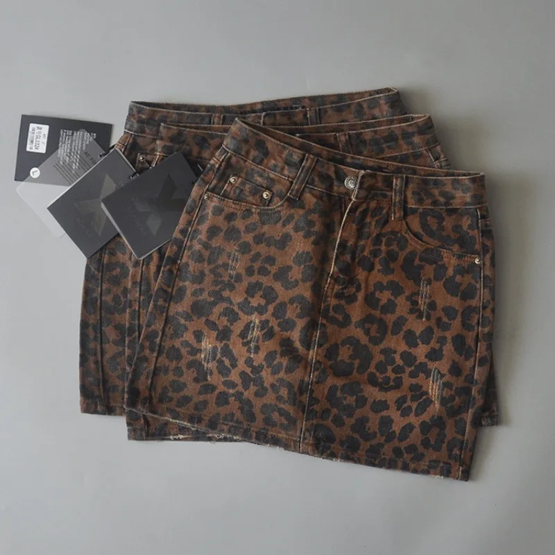 HOUZHOU Leopard spódnica jeansowa kobiet amerykański Retro seksowna wysoka talia a-line szczupły Streetwear Vintage sprany dżins Mini spódniczka