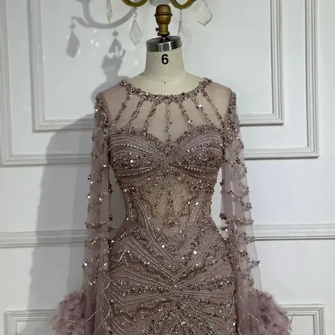 औपचारिक अवसर के लिए सेरेन हिल 2025 कस्टमाइज़्ड कारमेल बीडेड मरमेड इवनिंग ड्रेस, फेदर कफ्स के साथ BLA72708A 10 best sales शांत पहाड़ी पोशाक - №7