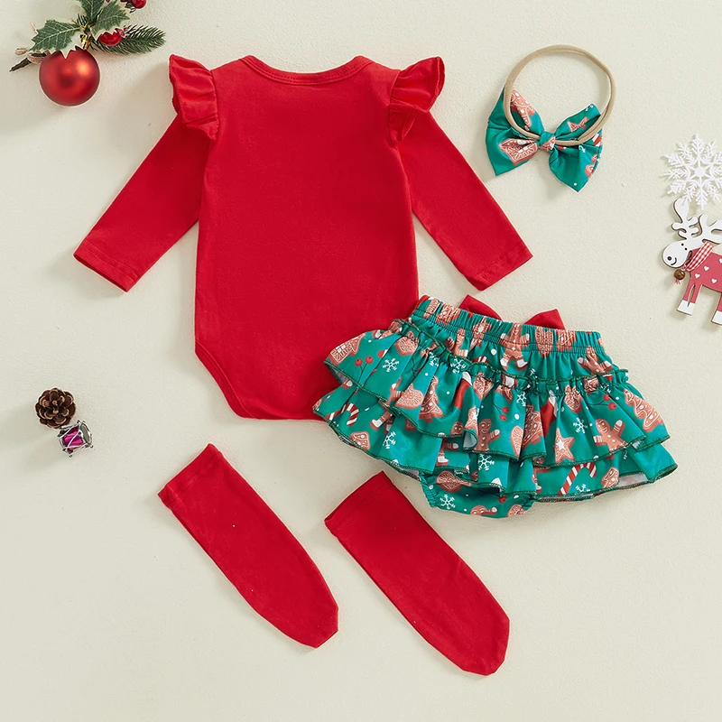 Baby Girl Christmas Outfits Letter Embroidery Long Sleeve Romper with Ruffled Shorts and Headband Socks 4Pcs Set