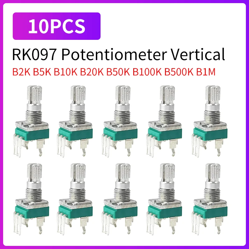 10PCS RK097 Potentiometer Vertical B2K 5K 10K 20K 50K 100K 500K 1M Ohm 15mm Shaft Gearless 3Pin Audio Volume Control PCB Mount