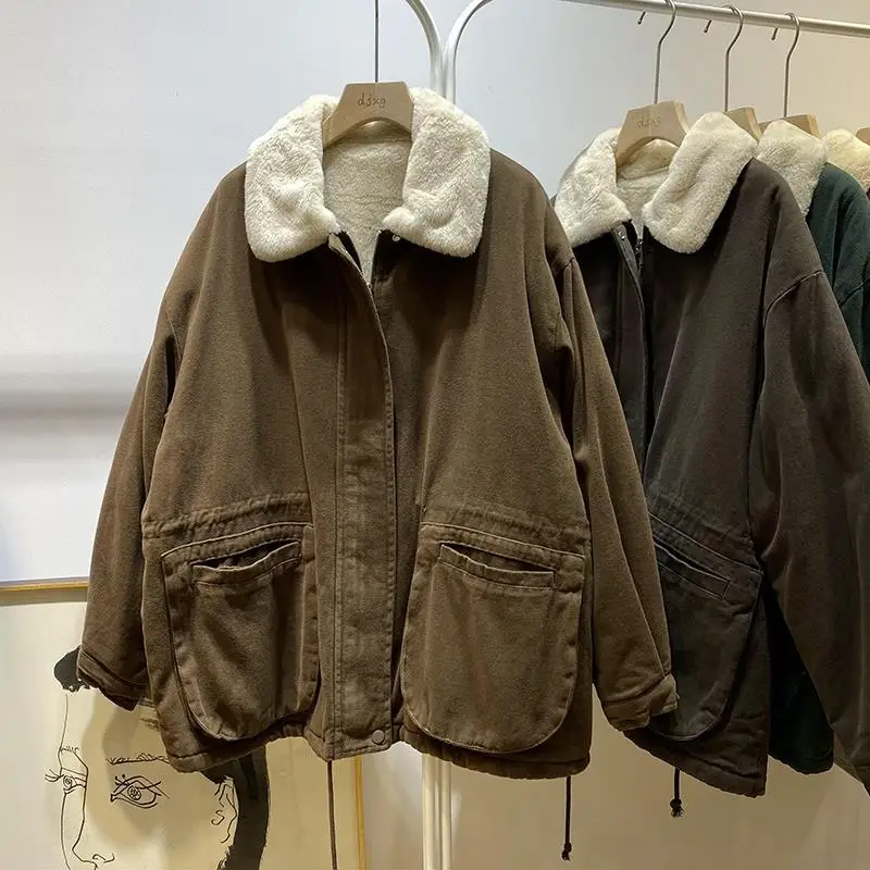 

Winter Jackets Women Imitation Rabbit Fur Lining Soft Comfortable Warm Cotton Coat Women's Loose Lazy Workwear Jacket 2025 New
