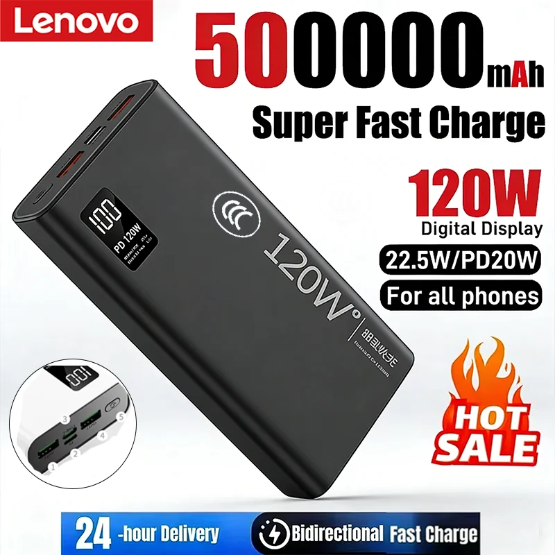 

Портативное зарядное устройство Lenovo 500000 мАч большой емкости, 120 Вт, сверхбыстрая зарядка, светодиодный индикатор, для iPhone и Samsung