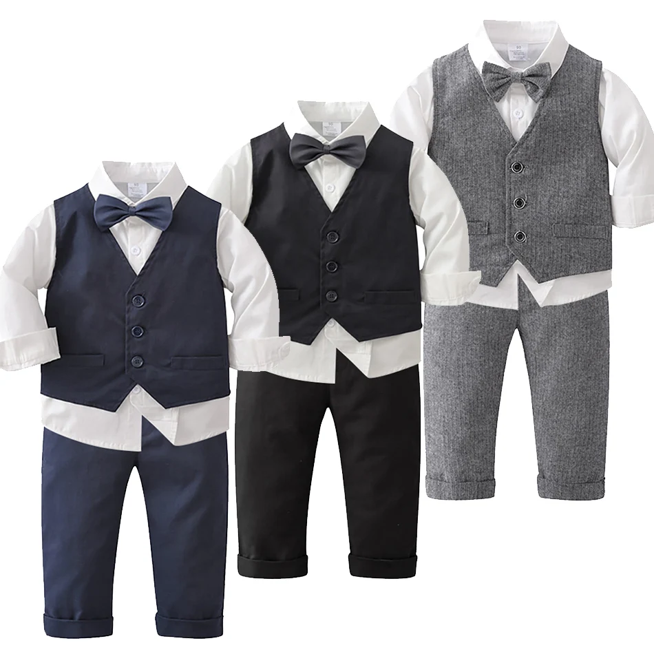 

British-Style Clothing Set for Young Gentlemen Boys Cotton Overalls Suit with Detachable Bow Tie Spring Autumn Children Clothes