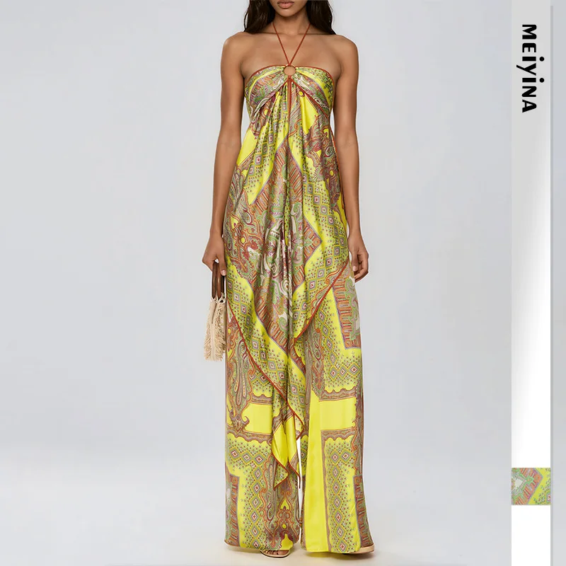 2026 New Women's Fashion Erotogenic Suspend Neck Printed Camisole Top + Random Loose Wide-leg Pants. Set Luxury Bandage Midi