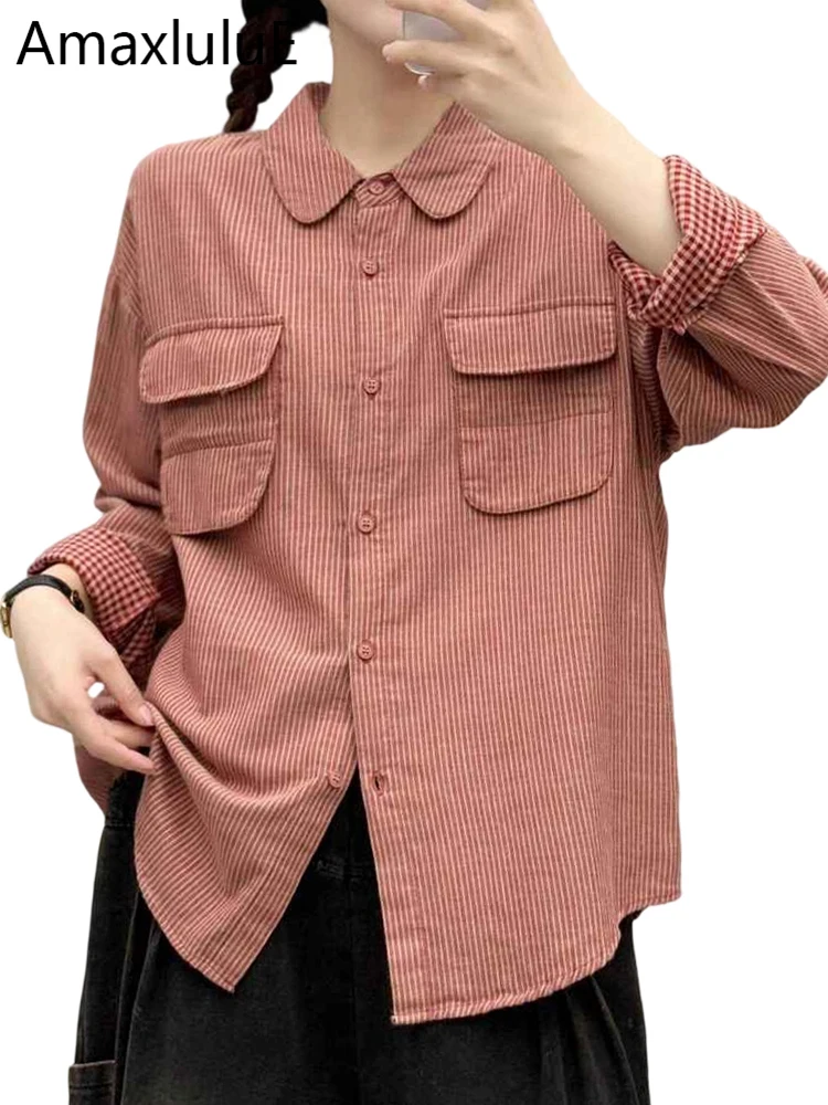 

Amax LuluE Spring Classic Striped Shirts Womens Fashion Leisure Cotton Linen Tops Ladies Japanese Design Vintage Loose Blouses