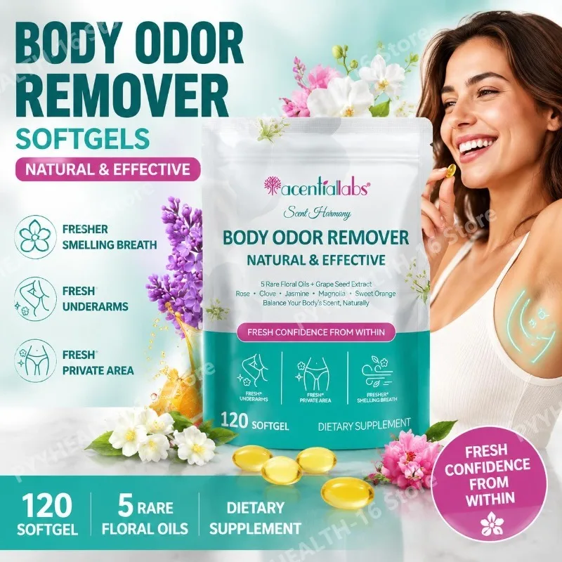 Acentiallabs Body Odor Remover Softgels with 5 Floral Oils and Grape Seed Oil for Underarm Freshness All-Day 120 Softgels